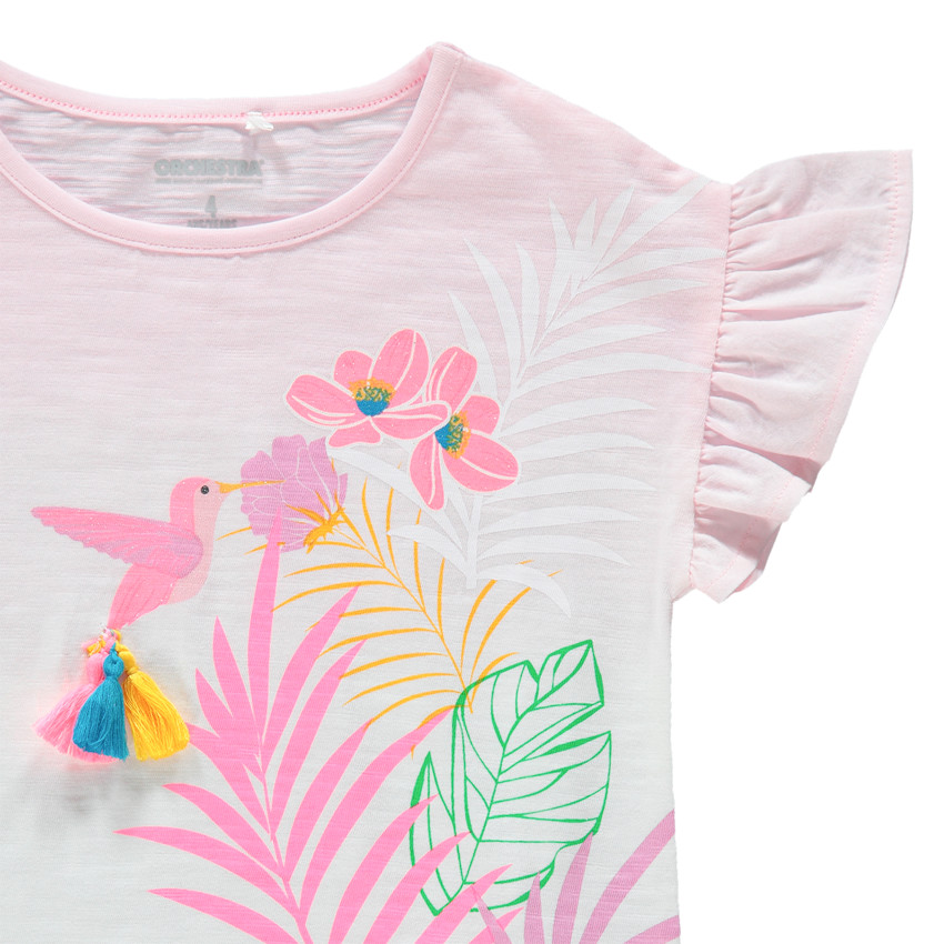 Tee-shirt manches courtes en jersey effet tie and dye avec oiseau printé et pompons 