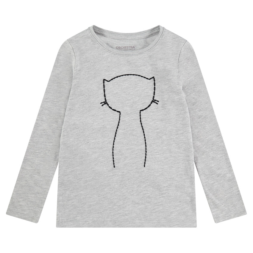 Tee-shirt manches longues en jersey avec chat et badges sequins adhésifs 