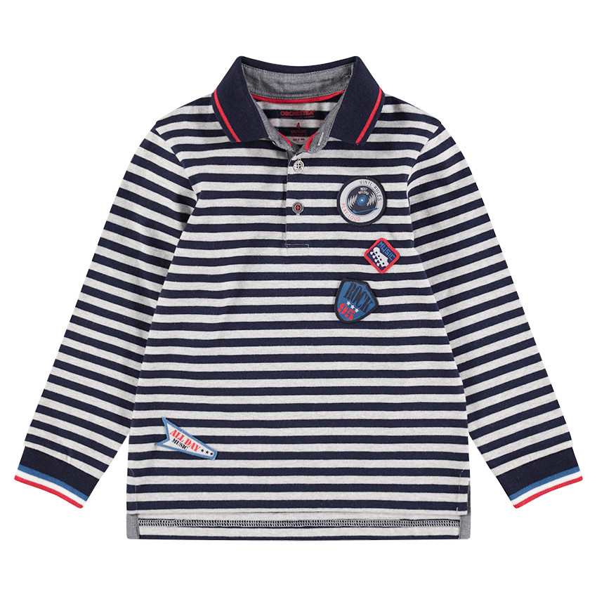 Polo manches longues en coton avec rayures contrastées et badges 