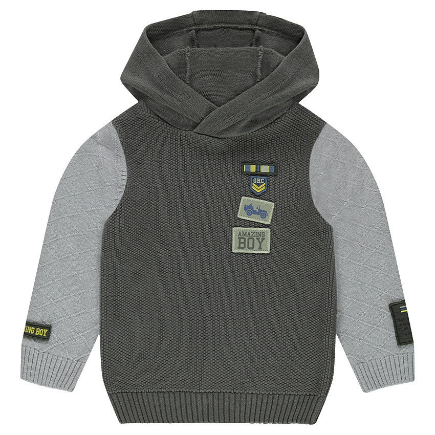 Pull à capuche en tricot fantaisie avec badges patchés 