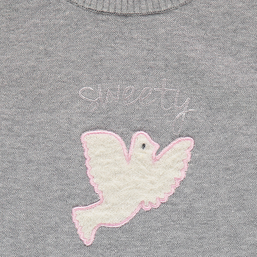 Robe manche courtes en tricot avec oiseau patché sur le devant 