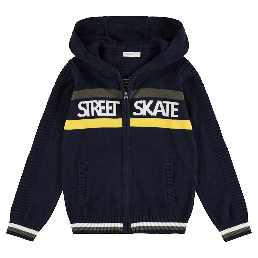 Junior - Gilet à capuche en tricot avec bandes et inscriptions en jacquard 
