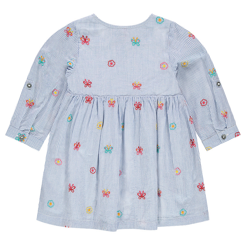 Robe manches courtes style chemise à fines rayures et motifs brodés 