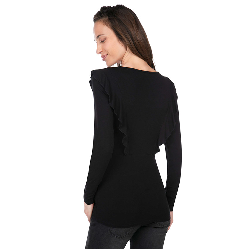 Tee-shirt de grossesse manches longues avec volants et col boutonné 