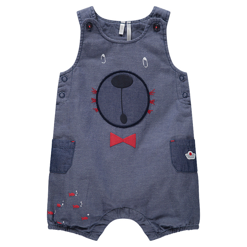 Combinaison courte avec ourson brodé et poches en chambray 