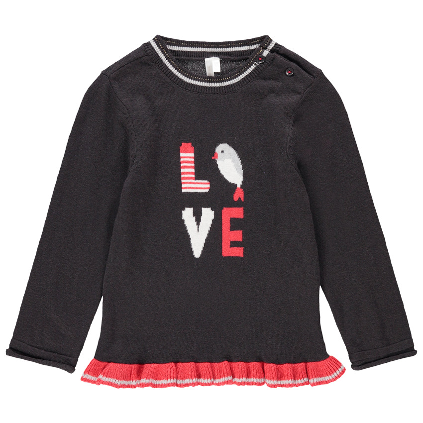 Pull en tricot avec oiseau en jacquard et volant rouge 