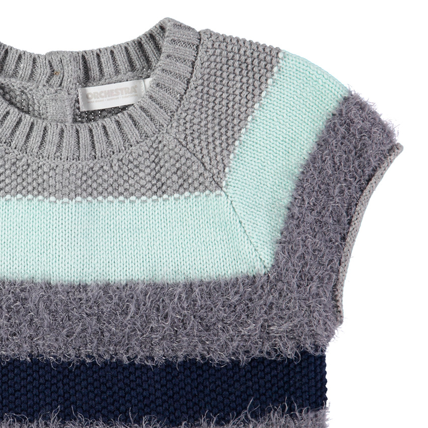 Robe manches courtes à rayures bleues et grises en tricot fantaisie 