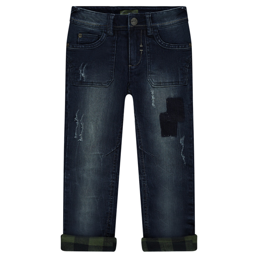 Jeans effet used doublé flanelle à carreaux 