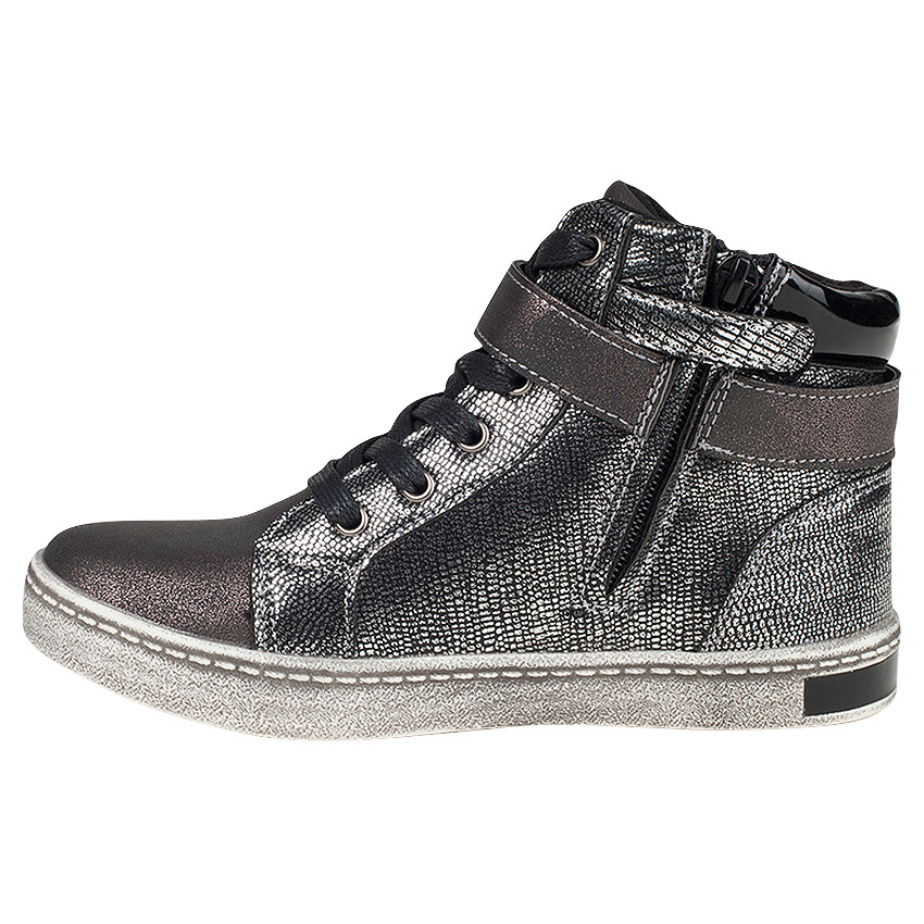 Bottillons argentés effet fantaisie à lacets, zip et boucle 