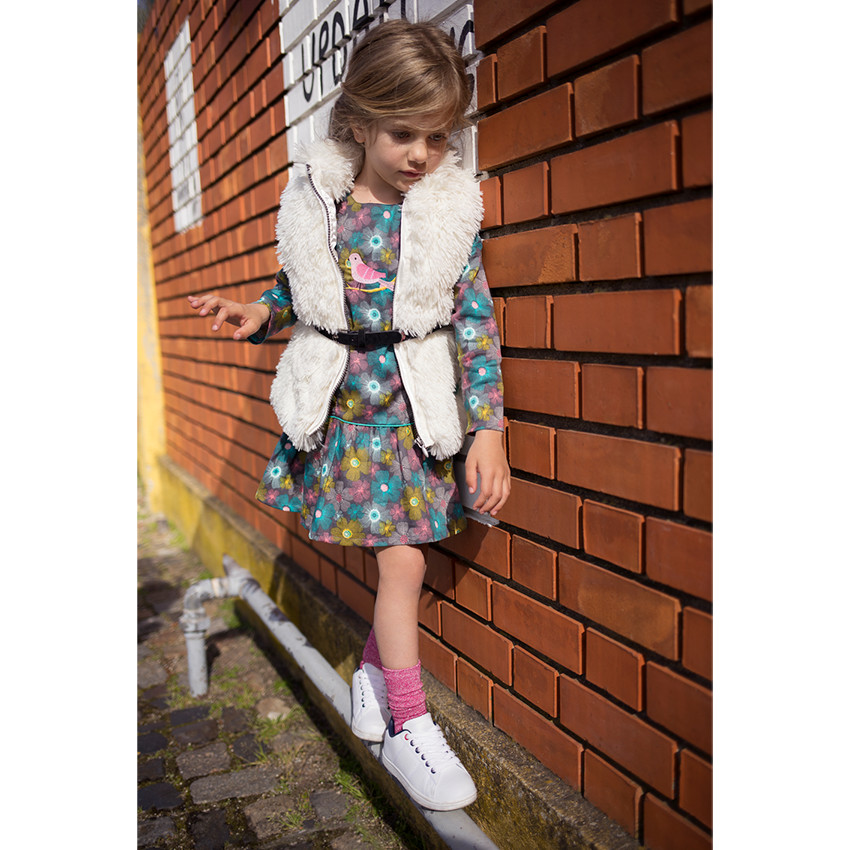 Robe manches longues imprimée fleurs all-over avec volants 