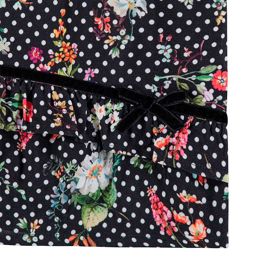 Tunique manches longues en satin de coton avec fleurs et pois all-over 