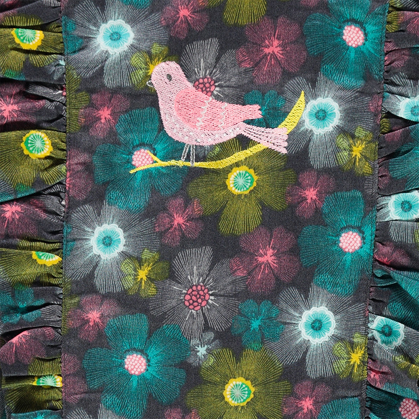 Robe sans manches à fleurs all-over et oiseau brodé 