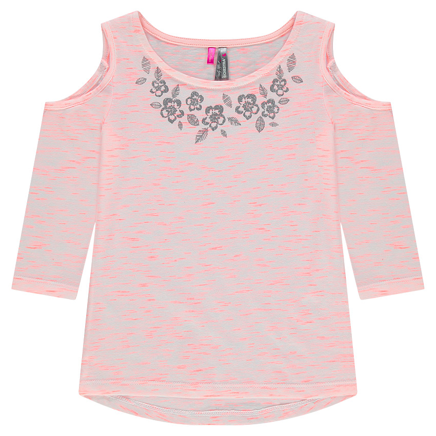Tee-shirt manches 3/4 avec épaules ajourées et fleurs argentées 