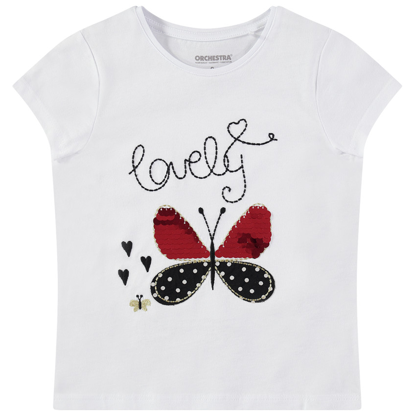 T-shirt manches courtes uni avec papillon à sequins 