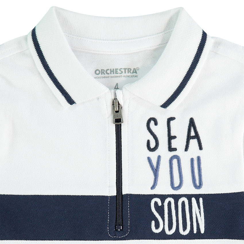 Polo manches longues en coton piqué avec broderies et col zippé 