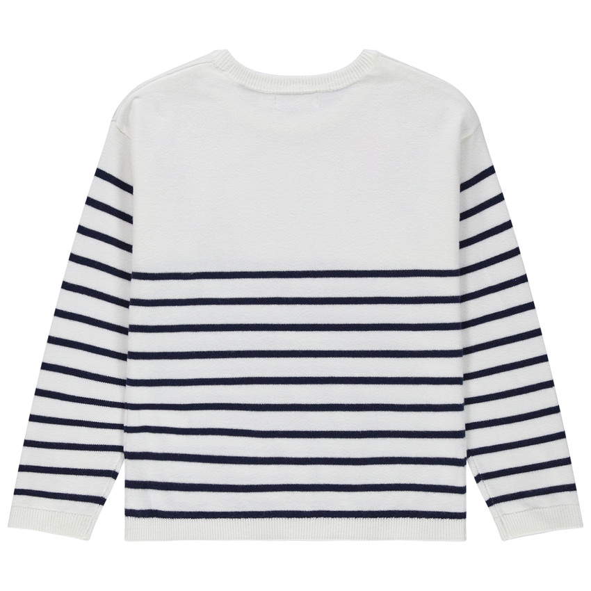 Pull en tricot rayé avec broderie colorée et badge à sequins 