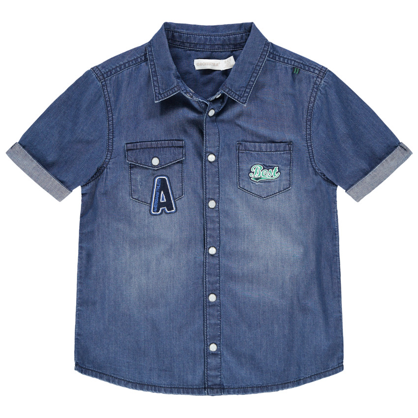 Chemise manches courtes en jean used à poches et broderies 