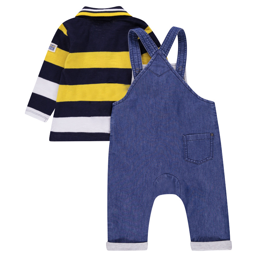 Ensemble polo manches longues rayé et salopette en chambray 