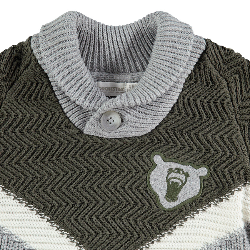 Pull en tricot avec bandes en jacquard et badge ours 