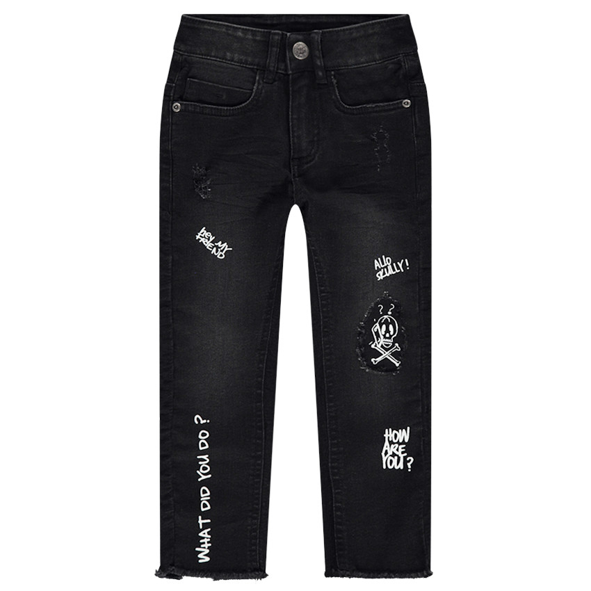 Jeans effet used avec textes printés et motif téléphone en relief au dos 