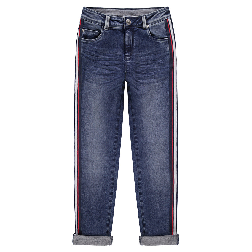 Junior - Jeans effet used et crinkle avec bandes contrastées sur les côtés 