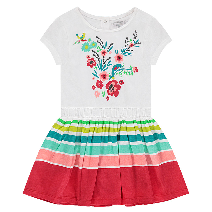 Robe manches courtes avec fleurs printées et rayures contrastées 