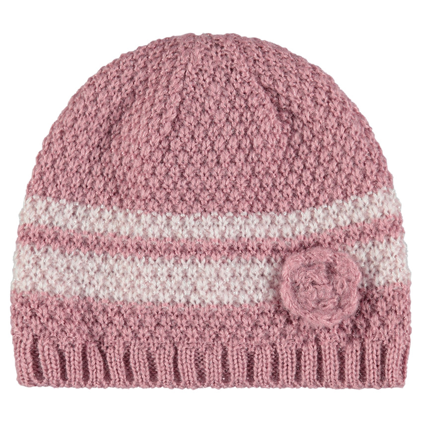 Bonnet en tricot rayé avec fleur fantaisie 