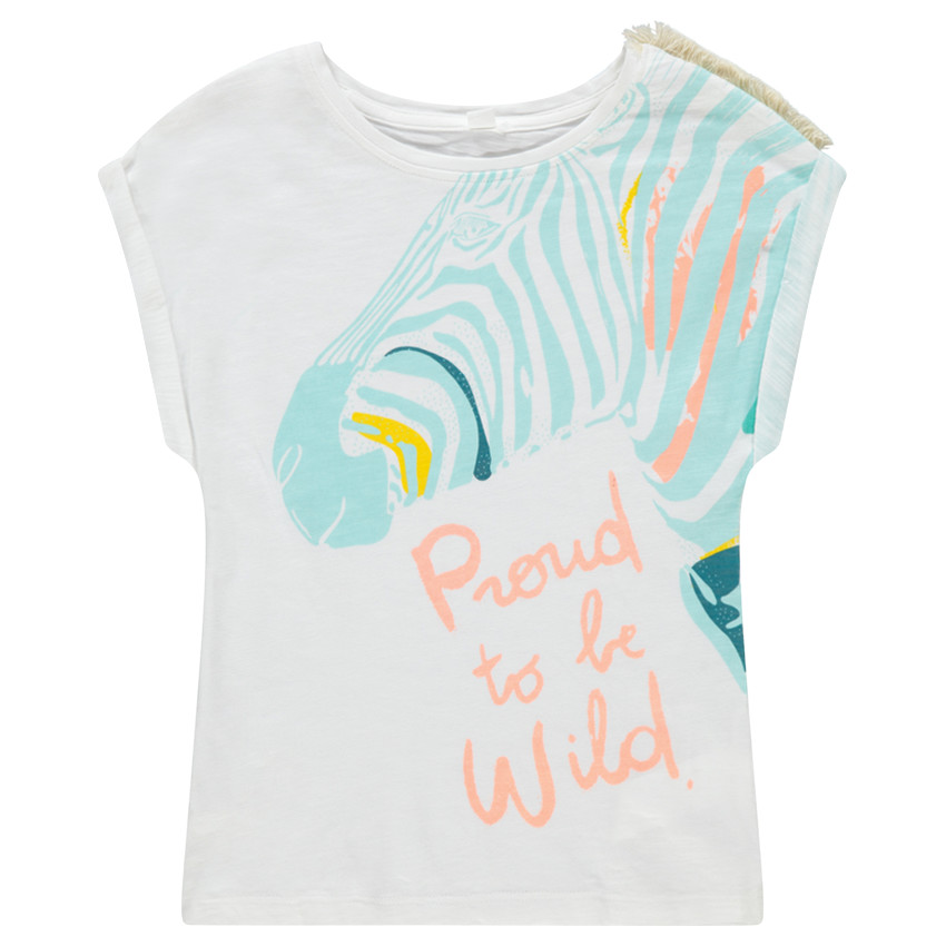 Tee-shirt manches courtes avec zèbre printé et franges 
