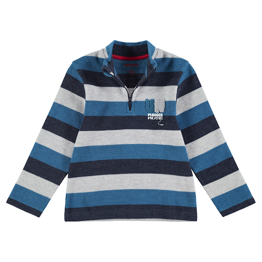 Tee-shirt manches longues en rib avec col zippé et lettres en bouclette 