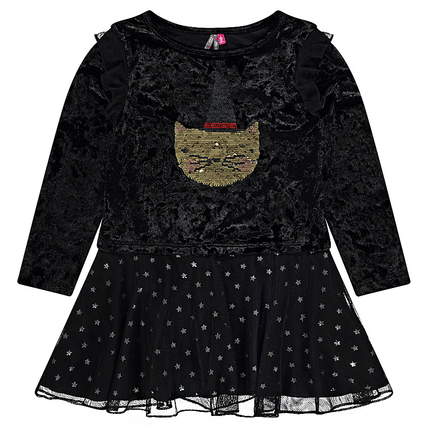 Robe bi-matière spéciale Halloween print chat en sequins magiques 