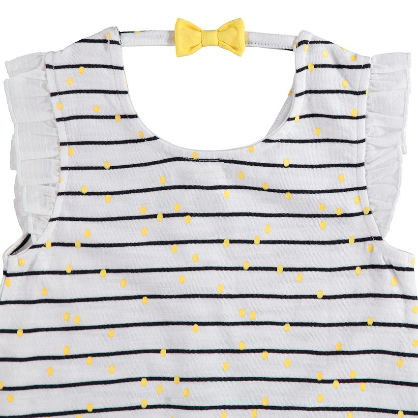 Combinaison courte à rayures et pois avec patch citron et noeud au dos 