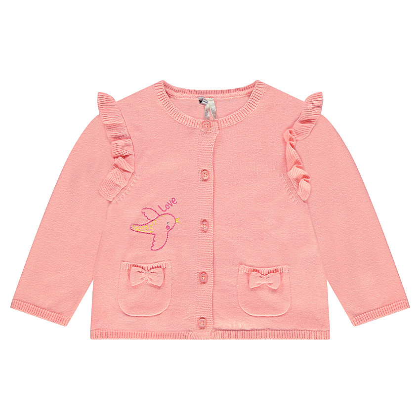 Gilet en tricot fin avec oiseau brodé et manches volantées 