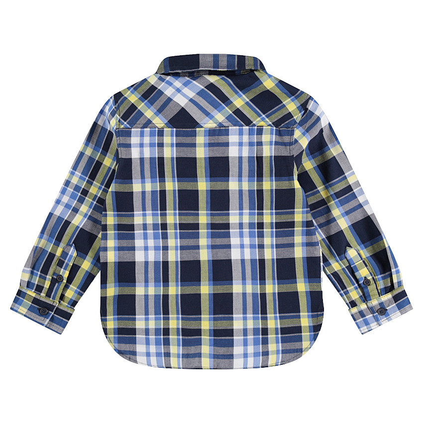 Chemise manches longues à carreaux contrastés bleu / anis et poches 
