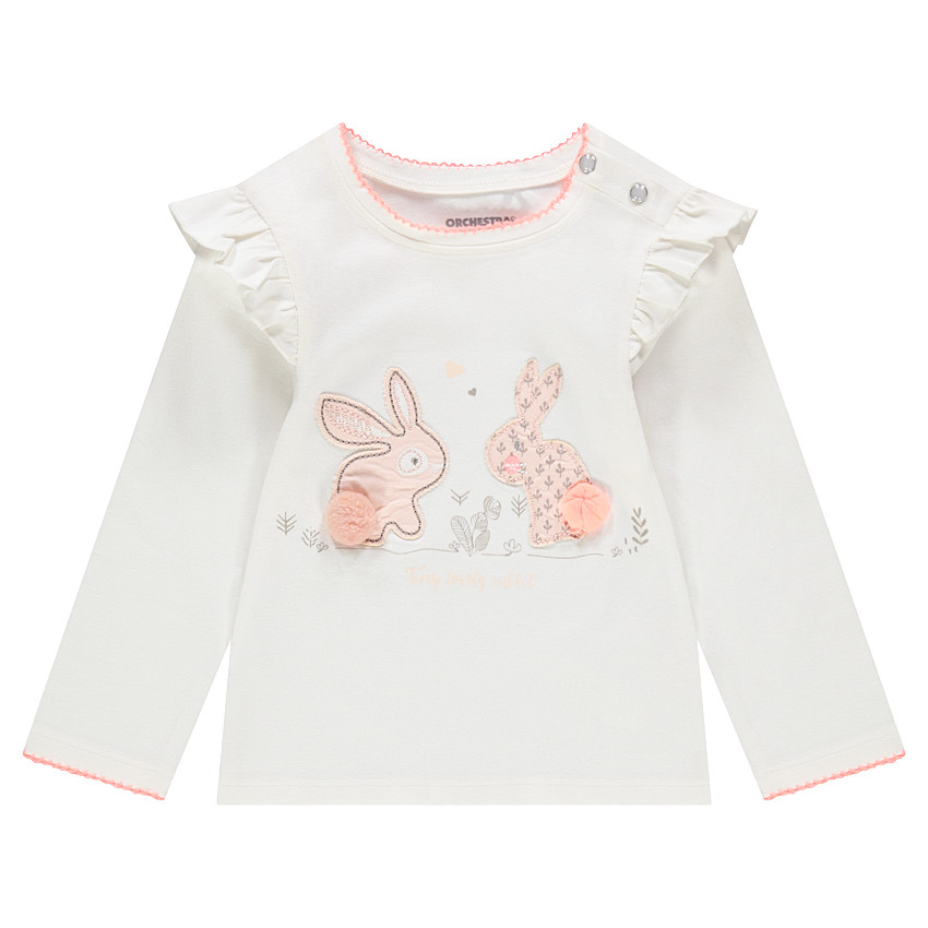 Tee-shirt manches longues en jersey avec lapins patchés et pompons 