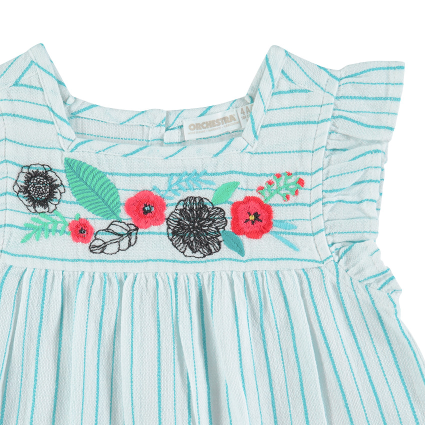 Top à manches volantées avec fine rayures et fleurs brodées 