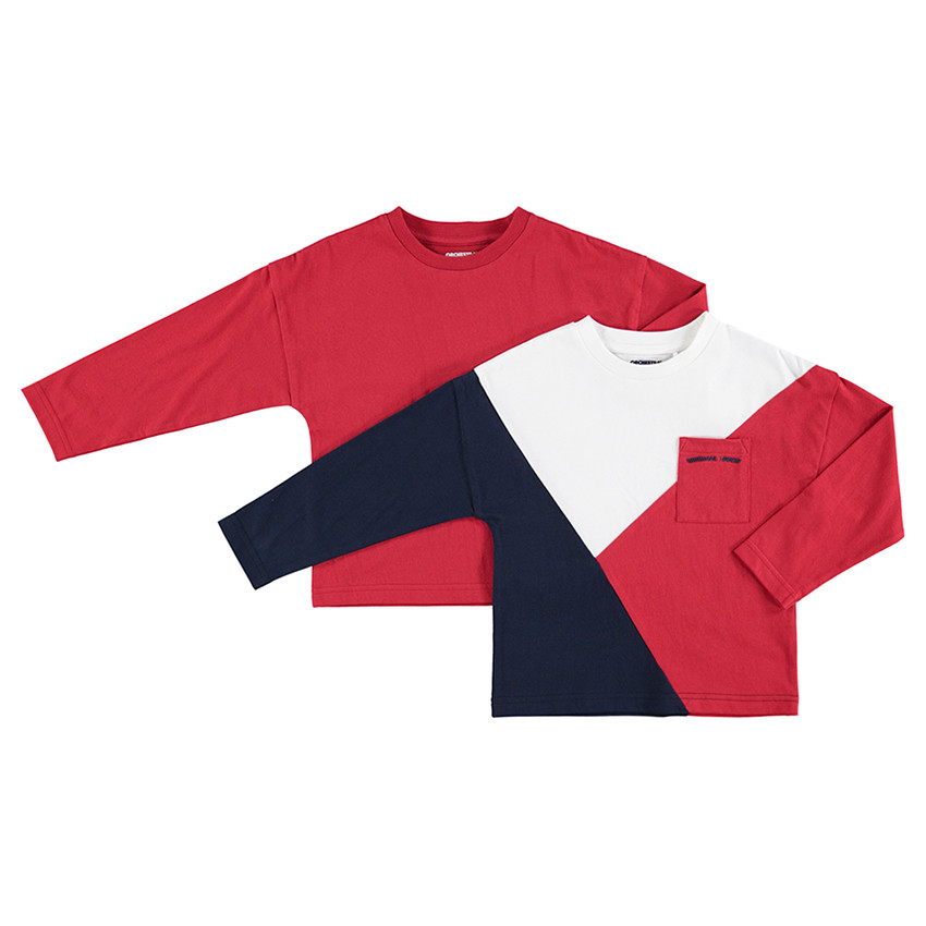 Junior - Set met 2 bijpassende T-shirts met lange mouwen effen / met contrasterende banden en zakje 