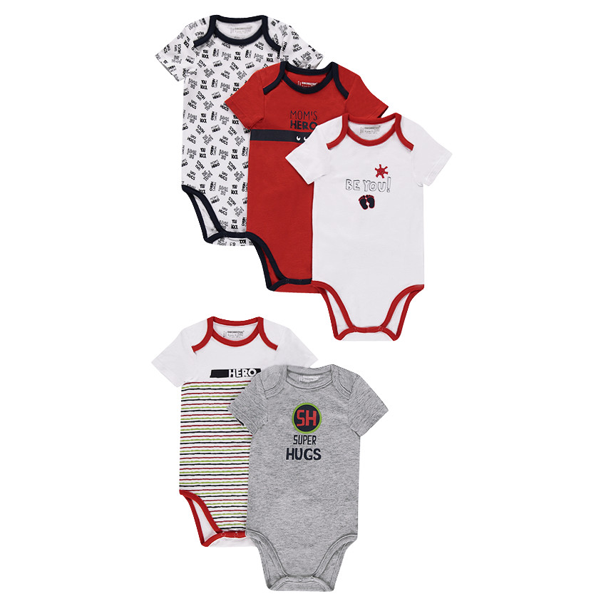 Lot de 5 bodies manches courtes en jersey avec messages et motifs printés 