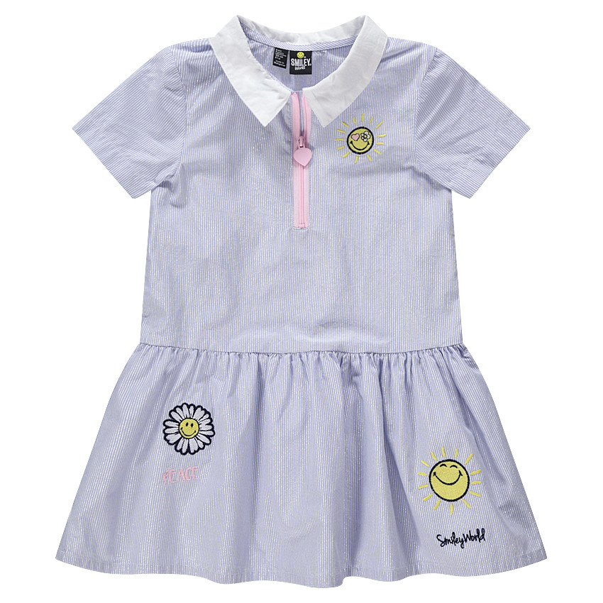 Robe manches courtes à fines rayures irisées et broderies Smiley 