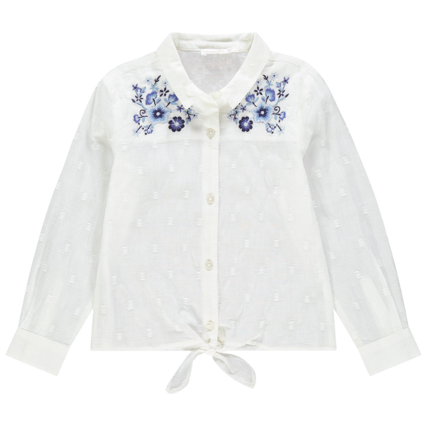 Chemise manches longues à motif jacquard et broderies florales 