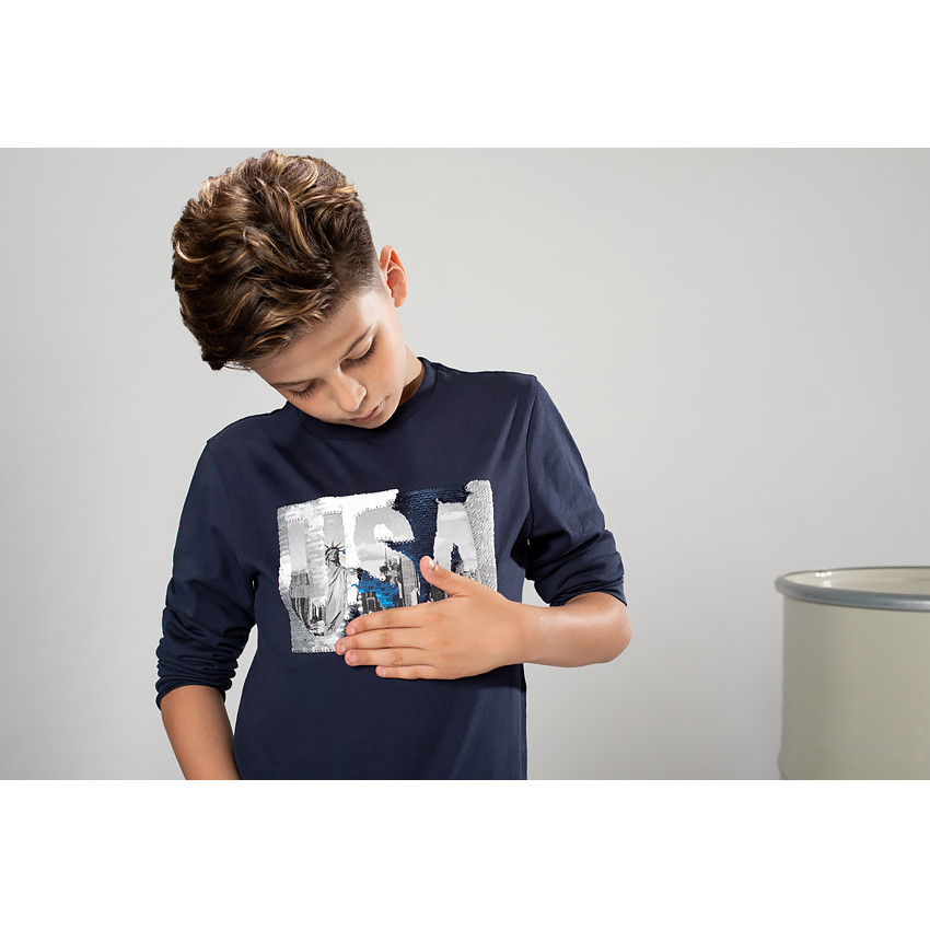 Junior - Tee-shirt manches longues en jersey avec motif USA et sequins magiques 