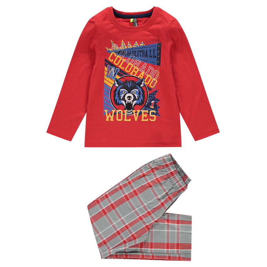 Pyjama avec print loup et pantalon à carreaux en popeline 