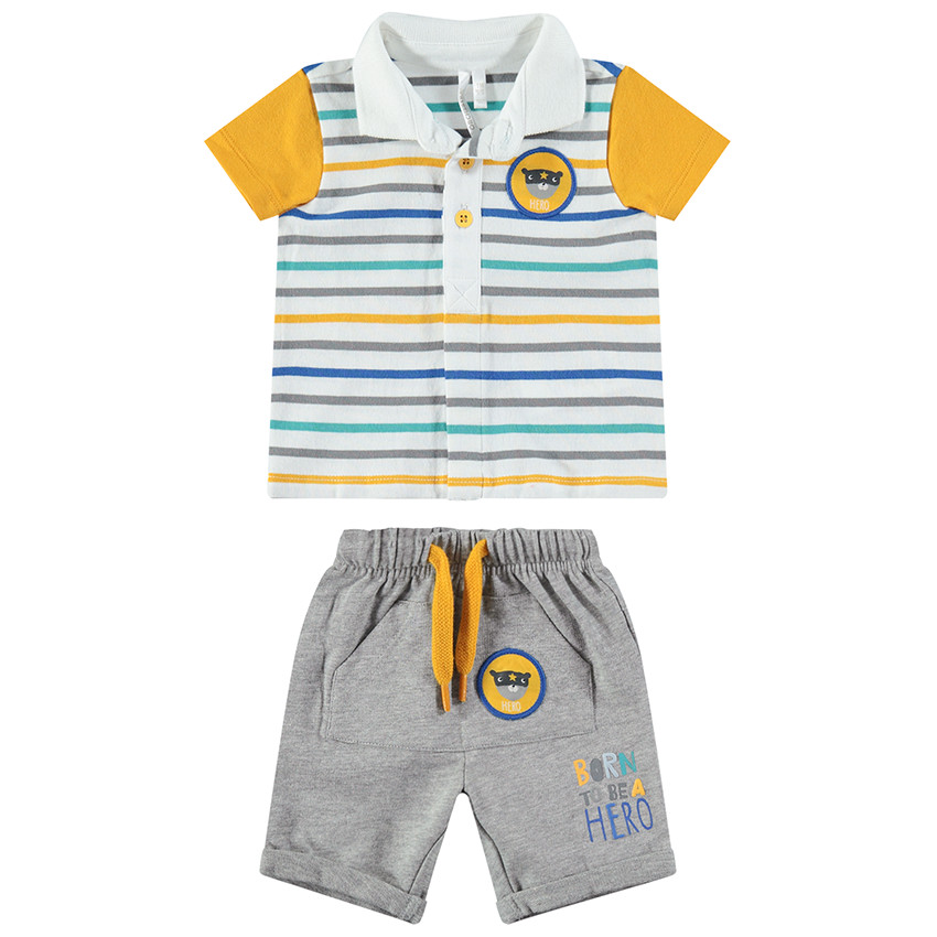 Polo manches courtes rayé avec bermuda en molleton à poche kangourou 