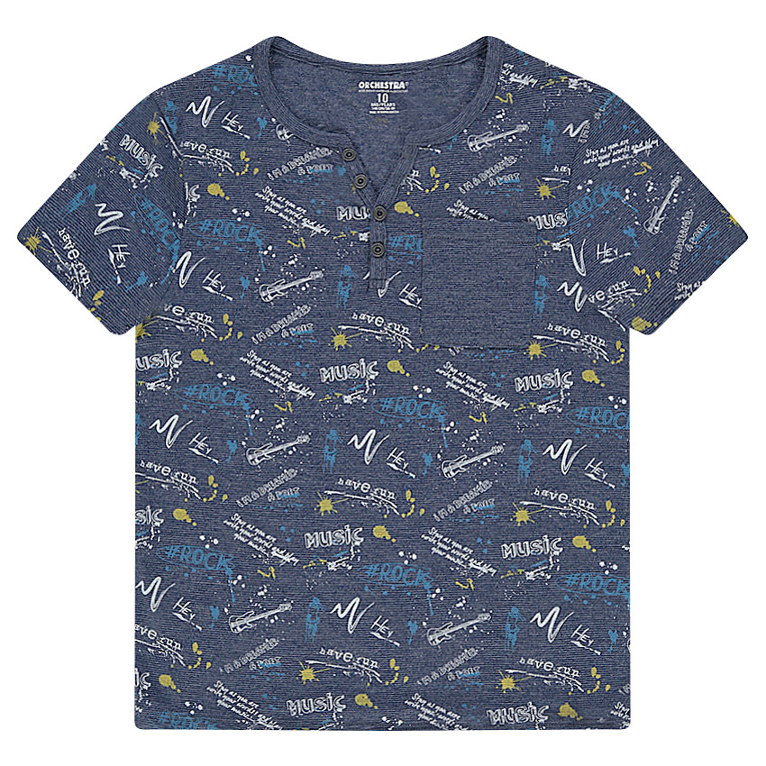 Tee-shirt manches courtes en jersey avec imprimé all-over et col tunisien 