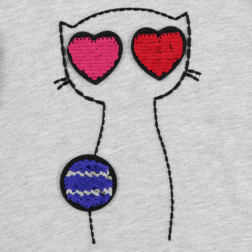 Tee-shirt manches longues en jersey avec chat et badges sequins adhésifs 