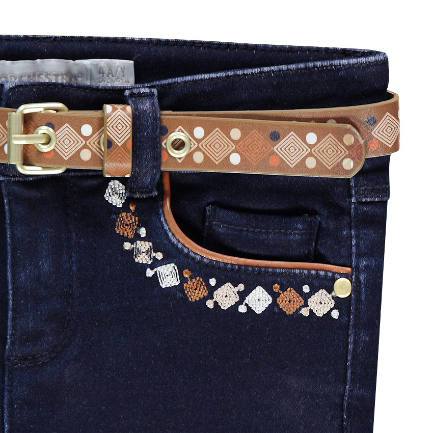 Jeans coupe slim effet used avec ceinture amovible motif ethnique 