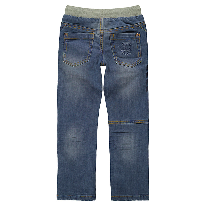 Jeans effet used doublé jersey élastiqué avec inscriptions en relief 