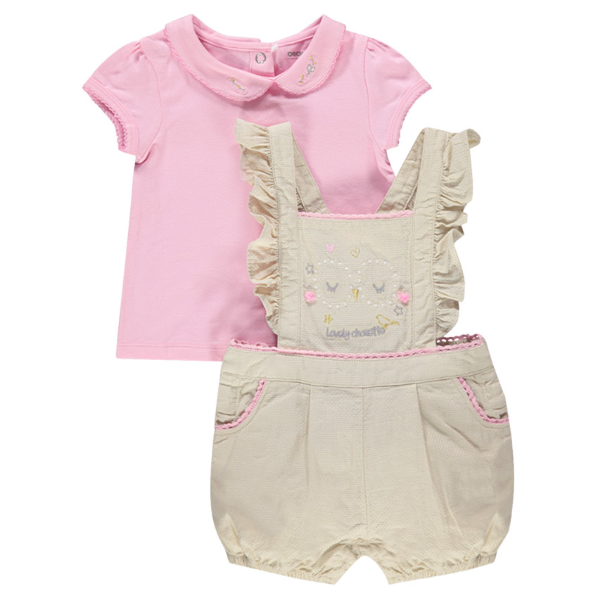 Ensemble avec tee-shirt col Claudine et salopette à bretelles volantées 