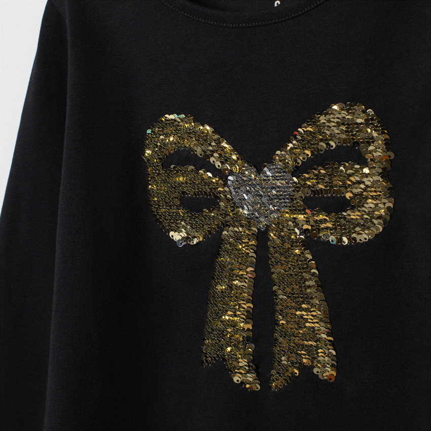 T-shirt manches longues à noeud en sequins argentés 