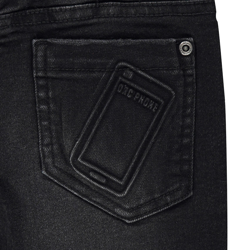 Jeans effet used avec textes printés et motif téléphone en relief au dos 