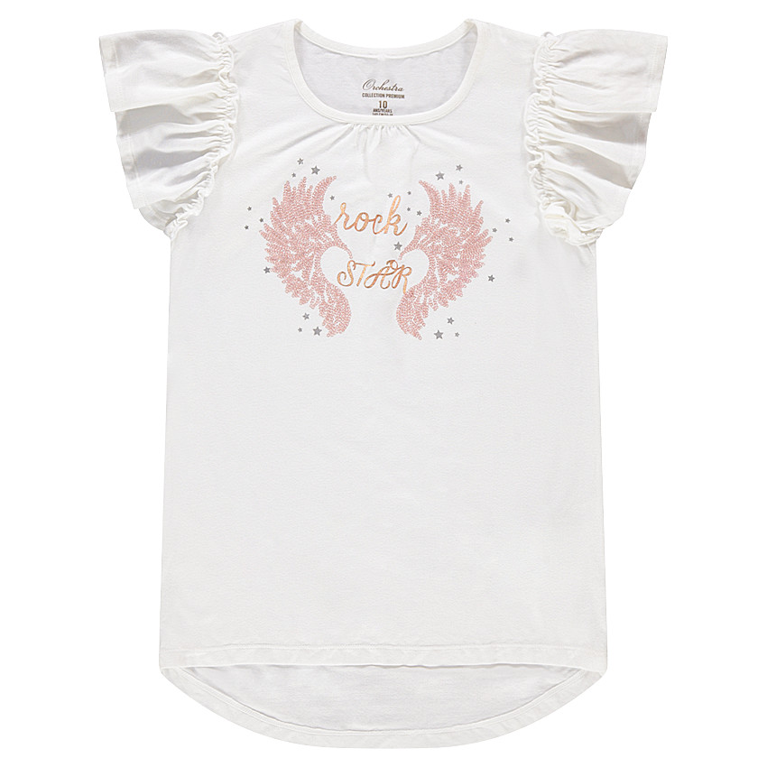 Junior - Tee-shirt manches courtes volantées avec ailes printées et sequins 